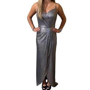 Bari Jay Steel Grey Sequined Maxi Dress Formal, NWT, 12